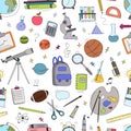 Vector seamless pattern of school supplies in notebook. Back to school colorful sketchy elements.